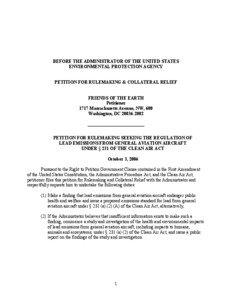 Petition for Rulemaking Seeking the Regulation of Lead Emissions from General Aviation Aircraft Under Section 231 of the Clean Air Act