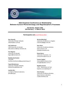 AGU Chapman Conference on Relationship Between Auroral Phenomenology and Magnetospheric Processes Fairbanks, Alaska USA 28 February – 4 MarchParticipants List (as of 10 February 2011)