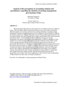 Journal of Academic and Business Ethics  Analysis of the perceptions of accounting students and practitioners regarding the ethnicity of earnings management post Sarbanes-Oxley Deborah M. Pendarvis