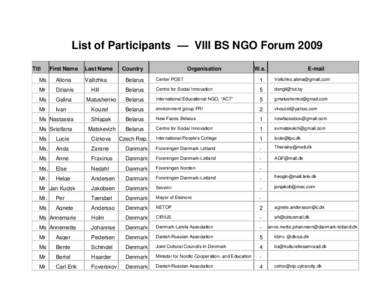 List of Participants — VIII BS NGO Forum 2009 Titl First Name  Last Name