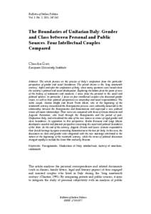 Bulletin of Italian Politics Vol. 3, No. 2, 2011, [removed]The Boundaries of Unitarian Italy: Gender and Class between Personal and Public Sources. Four Intellectual Couples