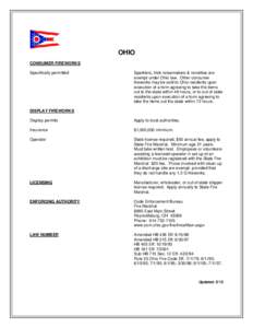OHIO CONSUMER FIREWORKS Specifically permitted Sparklers, trick noisemakers & novelties are exempt under Ohio law. Other consumer