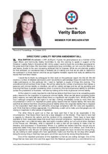 Speech By  Verity Barton MEMBER FOR BROADWATER  Record of Proceedings, 16 October 2013