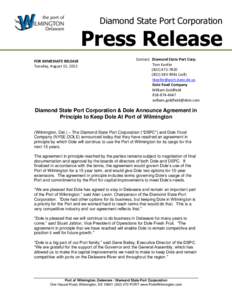 Diamond State Port Corporation  Press Release FOR IMMEDIATE RELEASE Tuesday, August 13, 2013