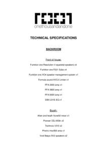 TECHNICAL SPECIFICATIONS  BACKROOM Front of house: Funktion one Resolution 4 squeletal speakers x4