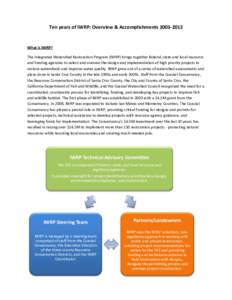 Ten years of IWRP: Overview & Accomplishments[removed]What is IWRP? The Integrated Watershed Restoration Program (IWRP) brings together federal, state and local resource and funding agencies to select and oversee the 