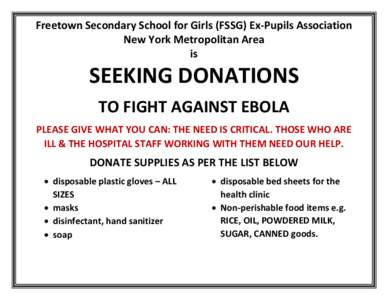 Freetown Secondary School for Girls (FSSG) Ex-Pupils Association New York Metropolitan Area is SEEKING DONATIONS TO FIGHT AGAINST EBOLA