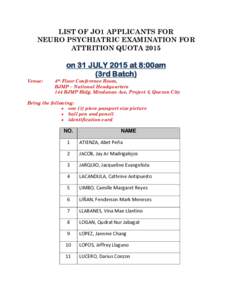 LIST OF JO1 APPLICANTS FOR NEURO PSYCHIATRIC EXAMINATION FOR ATTRITION QUOTA 2015 on 31 JULY 2015 at 8:00am (3rd Batch)