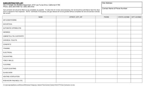 SUBCONTRACTOR LIST  Site Address: City of Temple City Building Department, 9701 Las Tunas Drive, California[removed]Phone: ([removed]Fax: ([removed]