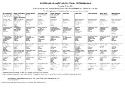 EUROPEAN PARLIAMENTARY ELECTION – EASTERN REGION Thursday, 22 May 2014 STATEMENT OF PARTIES AND INDIVIDUAL CANDIDATES NOMINATED AND NOTICE OF POLL The following parties and individual candidates have been and stand nom