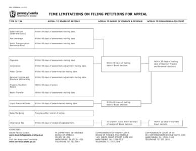 REV-1799A BA[removed]TIME LIMITATIONS ON FILING PETITIONS FOR APPEAL TYPE OF TAX  APPEAL TO BOARD OF APPEALS