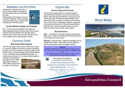 Middleton and Port Elliot  Walking trails (moderate) start at the car park on Basham Beach Rd, Middleton or from the car park at the end of The Strand, Port Elliot.