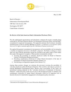 May 12, 2010 Board of Directors Interamerican Development Bank 1300 New York Avenue, NW Washington, DC[removed]United States of America