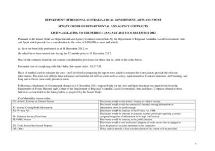 Department of Regional Australia, Local Government, Arts and Sport - Senate Order on Departmental and Agency Contracts - Listing Relating to the Period 1 January 2012 to 31 December 2012