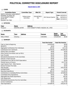 POLITICAL COMMITTEE DISCLOSURE REPORT Export data to .CSV COVER Committee Name NORTH CAROLINA CLEAN ENERGY BUSINESS ALLIANCE PAC