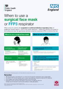 England  When to use a surgical face mask or FFP3 respirator When caring for patients with suspected or confirmed infectious respiratory virus, all