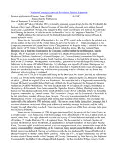 Southern Campaign American Revolution Pension Statements Pension application of Samuel Isaacs S5600 fn31NC Transcribed by Will Graves State of Tennessee, Lincoln County On this 22nd day of October 1833, personally appear