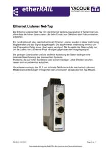 Ethernet Listener Net-Tap Der Ethernet Listener Net-Tap hört die Ethernet Verbindung zwischen 2 Teilnehmern ab, ohne dass die hohen Latenzzeiten, die beim Einsatz von Switchen oder Hubs entstehen, entstehen. Ein (unidir