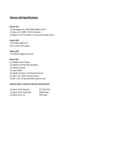 Nelson Hall Specifications  Room 101 (1) Westinghouse TX42F4506 1080 p HDTV (1) Sony SLV D300P  DVD/VHS player (1) Klipsch THX Promedia 2.1 surround sound system