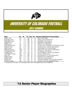 University of Colorado Football 2013 Seniors Player Pos. Ht.
