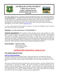 OUTREACH ANNOUNCEMENT USDA Forest Service Ashley National Forest Recreation Planner, GS[removed]12 Vernal, Utah