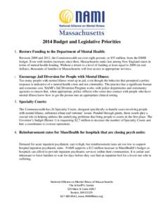 2014 Budget and Legislative Priorities 1. Restore Funding to the Department of Mental Health: Between 2009 and 2012, the Commonwealth cut over eight percent, or $55 million, from the DMH budget. Even with modest increase