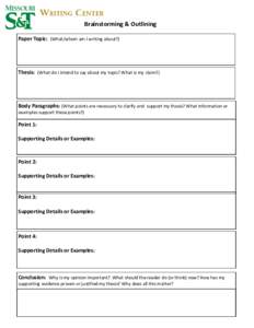 Brainstorming & Outlining Paper Topic: (What/whom am I writing about?) Thesis: (What do I intend to say about my topic? What is my claim?)  Body Paragraphs: (What points are necessary to clarify and support my thesis? Wh