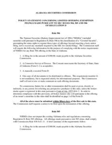 ALABAMA SECURITIES COMMISSION  POLICY STATEMENT CONCERNING LIMITED OFFERING EXEMPTION FILINGS MADE PURSUANT TO SEC RULES 504, 505 AND 506 OF REGULATION D