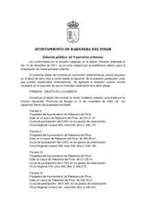 AYUNTAMIENTO DE RABANERA DEL PINAR Subasta pública de 9 parcelas urbanas. De conformidad con el acuerdo adoptado en la Sesión Plenaria celebrada el día 14 de diciembre de 2011, se anuncia subasta por procedimiento abi