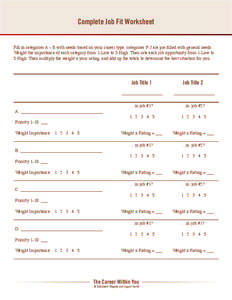 Complete Job Fit Worksheet Fill in categories A – E with needs based on your career type; categories F-J are pre-filled with general needs. Weight the importance of each category from 1-Low to 5-High. Then rate each jo
