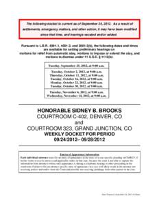 The following docket is current as of September 24, 2012. As a result of settlements, emergency matters, and other action, it may have been modified since that time, and hearings vacated and/or added. Pursuant to L.B.R. 