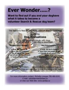 Ever Wonder.....? Want to find out if you and your doghave what it takes to become a volunteer Search & Rescue dog team?  The Search & Rescue Dog Association of Alberta (SARDAA)