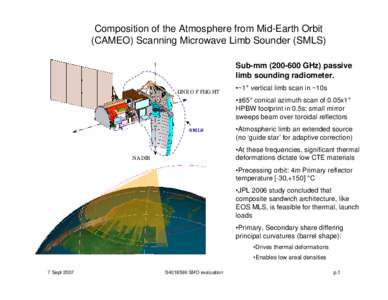 Composition of the Atmosphere from Mid-Earth Orbit (CAMEO) Scanning Microwave Limb Sounder (SMLS) Sub-mm[removed]GHz) passive limb sounding radiometer. LINE OF FLIGHT