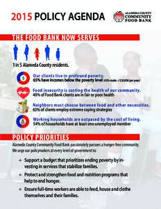 2015 POLICY AGENDA THE FOOD BANK NOW SERVES 1 in 5 Alameda County residents. Our clients live in profound poverty. 65% have incomes below the poverty level (42% make < $10,000 per year) Food insecurity is costing the hea