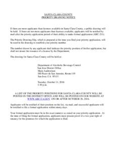 SANTA CLARA COUNTY PRIORITY DRAWING NOTICE If there are more applicants than licenses available in Santa Clara County, a public drawing will be held. If there are not more applicants than licenses available, applicants w