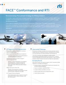 FACE Conformance and RTI TM Revolutionizing Procurement Strategy for Military Aviation For decades, single vendors have managed requirements for airborne systems. However, as budgets tighten and warfighter environments b