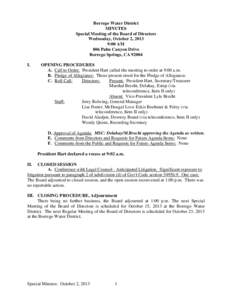 Borrego Water District MINUTES Special Meeting of the Board of Directors Wednesday, October 2, 2013 9:00 AM 806 Palm Canyon Drive