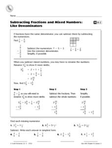 Name _____________________________________________________________________________________________________  Subtracting Fractions and Mixed Numbers: Like Denominators  R 8-2