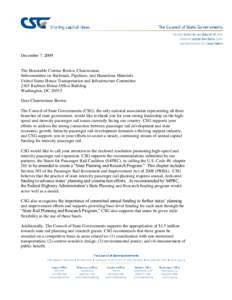 December 7, 2009  The Honorable Corrine Brown, Chairwoman Subcommittee on Railroads, Pipelines, and Hazardous Materials United States House Transportation and Infrastructure Committee 2165 Rayburn House Office Building