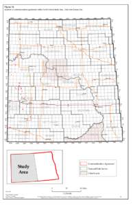 Figure 14.  Location of communitization agreements within North Dakota Study Area. Data from Bureau files. 102W