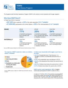 Idaho Food Stamp Program The Supplemental Nutrition Assistance Program (SNAP) is the nation’s most important anti-hunger program.  Who Does SNAP Reach?