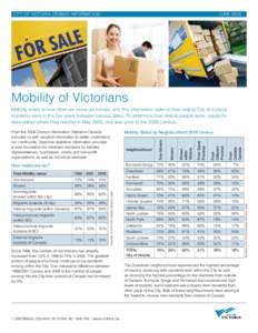 City of victoria census information	june[removed]Mobility of Victorians Mobility refers to how often we move our homes, and this information looks at how mobile City of Victoria residents were in the five years between cen