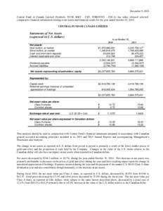 December 9, 2014 Central Fund of Canada Limited (Symbols: NYSE MKT - CEF, TORONTO - CEF.A) has today released selected comparative financial information relating to net assets and financial results for the year ended Oct