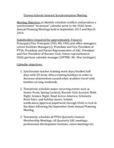 Vicenza Schools Internal Synchronization Meeting Meeting Objective: to identify schedule conflicts and produce a synchronized “strawman” calendar prior to the USAG SemiAnnual Planning Meetings held in September 2013 