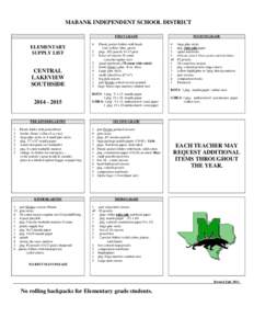 MABANK INDEPENDENT SCHOOL DISTRICT FIRST GRADE ELEMENTARY SUPPLY LIST