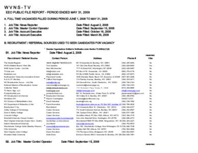 WVNS-TV EEO PUBLIC FILE REPORT - PERIOD ENDED MAY 31, 2009 A. FULL TIME VACANCIES FILLED DURING PERIOD JUNE 1, 2008 TO MAY 31, [removed].