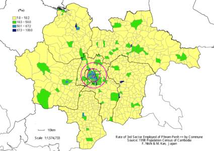 10km Scale 1:1,574,733 Rate of 3rd Sector Employed of Phnom Penh ++ by Commune Source: 1998 Population Census of Cambodia F. Nishi & M. Kan, Japan