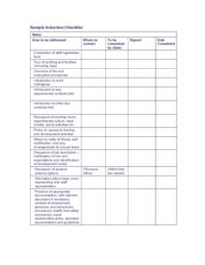 Sample Induction Checklist Name: Area to be addressed Whom to contact