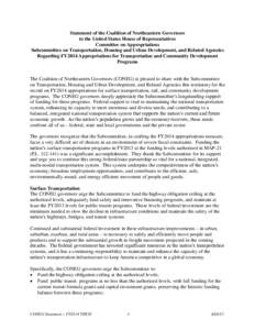 Statement of the Coalition of Northeastern Governors to the United States House of Representatives Committee on Appropriations Subcommittee on Transportation, Housing and Urban Development, and Related Agencies Regarding