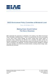 OECD Environment Policy Committee at Ministerial Level Paris, 29-30 March 2012 Making Green Growth Deliver The Role of Business